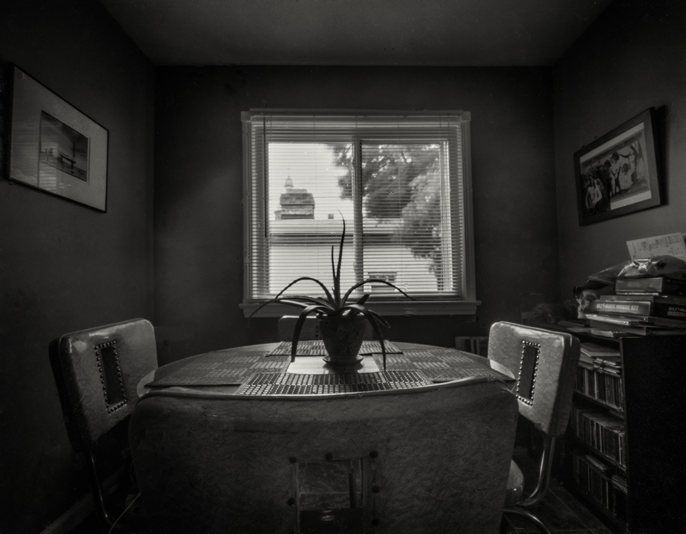 looking out th window over kitchen tablea